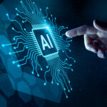 A hand reaching out to touch a futuristic rendering of an AI processor.