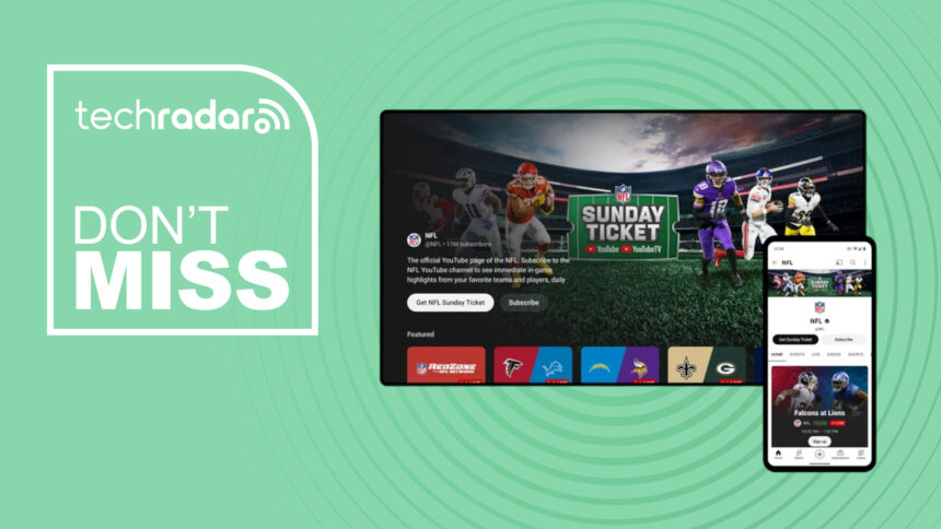 NFL Sunday ticket branded TV and Phone on green background with don't miss text overlay
