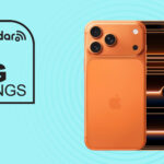Apple iPhone 17 Pro on blue background with big savings text overlay