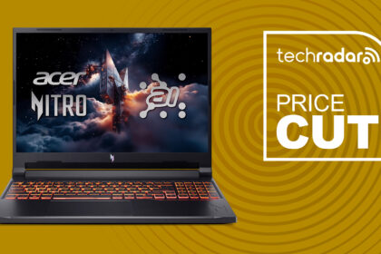 Acer Nitro V 16 gaming laptop with RTX 5050 on yellow background with TechRadar price cut text