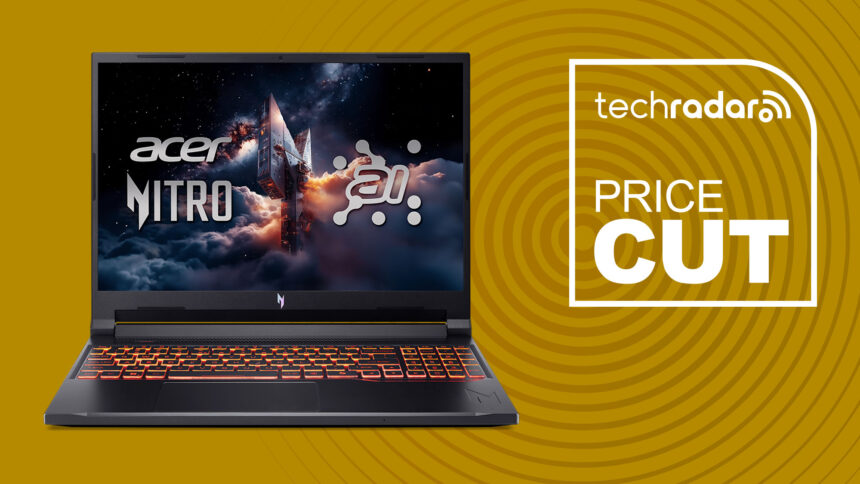 Acer Nitro V 16 gaming laptop with RTX 5050 on yellow background with TechRadar price cut text