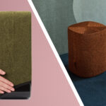 A green soundskin being pulled over a Sonos Sub, next to an image of a stylish copper Soundskin covering a Sonos One speaker