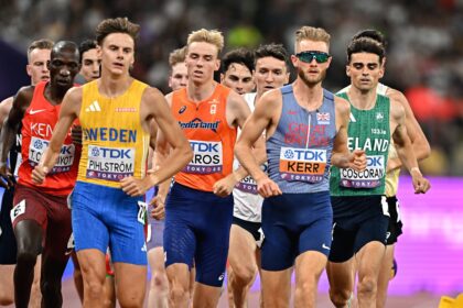 Andrew Coscoran of Ireland, right, and Josh Kerr of Great Britain, second from right, competing in the men's 1500m semi-finals during day three of the World Athletics Championships Tokyo 2025 at Japan National Stadium in Tokyo, Japan.