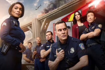 The cast of 9-1-1 assemble by a fire truck and a burning bridge