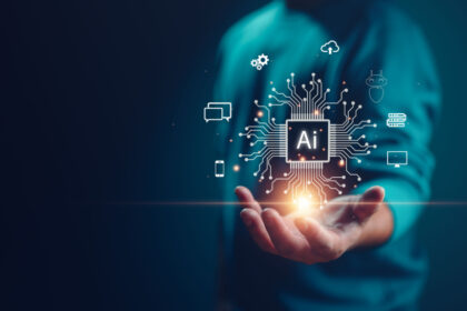 A person holding out their hand with a digital AI symbol.