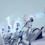 Abstract image of robots working in an office environment including creating blueprint of robot arm, making a phone call, and typing on a keyboard