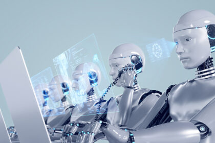 Abstract image of robots working in an office environment including creating blueprint of robot arm, making a phone call, and typing on a keyboard