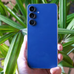 Samsung Galaxy S25 FE in hand with long green leaves behind