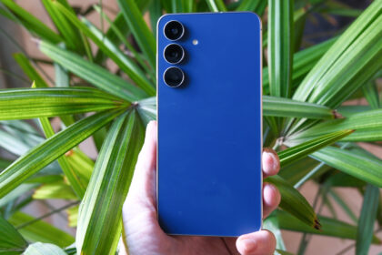 Samsung Galaxy S25 FE in hand with long green leaves behind