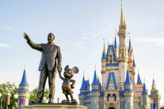 Walt Disney statue in front of Cinderella Castle at Disney World on a sunny day