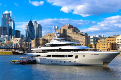 Luxury superyacht sailing away from London, symbolizing wealthy residents relocating from the city.
