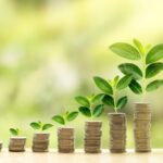 Stacks of coins growing with green shoots symbolizing financial growth and wealth building