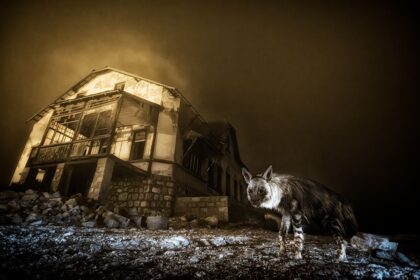 A brown hyena walks by a ruined building at night, illuminated by artificial light