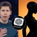Split image showing OpenAI CEO Sam Altman on one side and a futuristic female AI robot on the other, with the ChatGPT logo glowing in the center to symbolize the fusion of human and artificial intelligence.