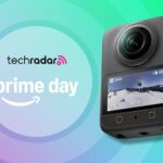 DJI Osmo 360 camera on a bright green background with TechRadar Prime Day text overlay