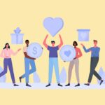 A cartoon of people holding love hearts, gifts, and dollar signs, symbolizing charitable giving, generosity, and financial philanthropy.