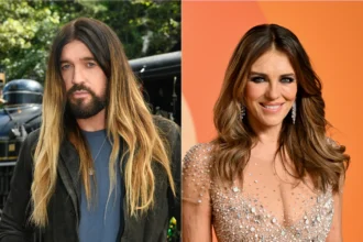 Side-by-side image of Billy Ray Cyrus and Elizabeth Hurley smiling separately, symbolizing their ongoing romance and growing bond between the country star and the British actress.