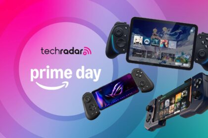 The Razer Kishi Ultra, Asus ROG Tessen and Turtle Beach Atom in front of a pink, purple and teal background that reads 'TechRadar: Prime Day'.