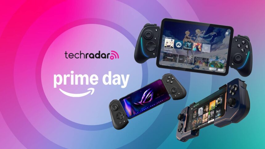 The Razer Kishi Ultra, Asus ROG Tessen and Turtle Beach Atom in front of a pink, purple and teal background that reads 'TechRadar: Prime Day'.