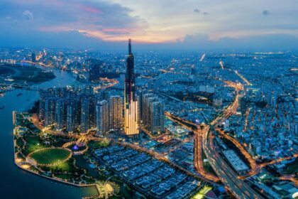 beautiful aerial view photo of saigon ho chi minh city at night