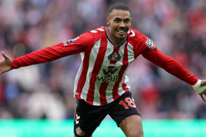 Wilson Isidor of Sunderland celebrates scoring his team's second goal during the Premier League match between Sunderland and Brentford at Stadium of Light on August 30, 2025 in Sunderland, England.