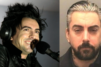 Side-by-side image of Ian Watkins, showing him performing on stage at the height of his Lostprophets fame on the left and his prison mugshot on the right.