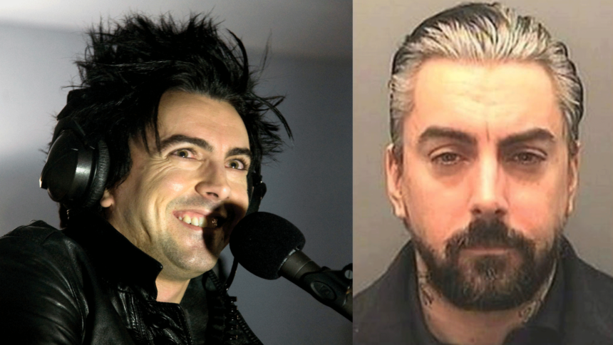 Side-by-side image of Ian Watkins, showing him performing on stage at the height of his Lostprophets fame on the left and his prison mugshot on the right.