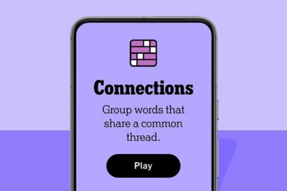 NYT Connections homescreen on a phone, on a purple background