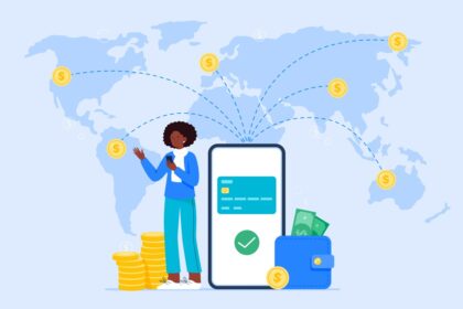 international money transfer and safe transactions. a female user sends money to different locations abroad using a mobile banking app. easy banking concept. vector flat illustration.