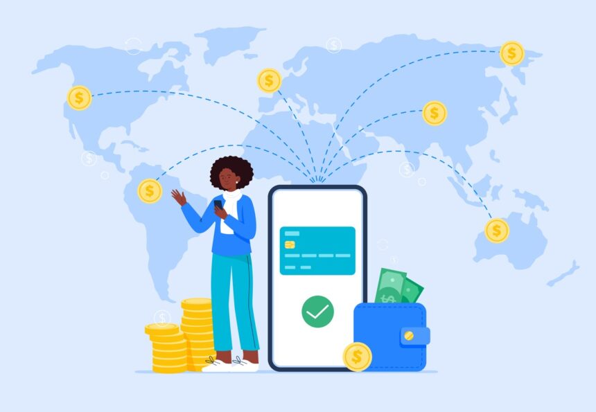 international money transfer and safe transactions. a female user sends money to different locations abroad using a mobile banking app. easy banking concept. vector flat illustration.