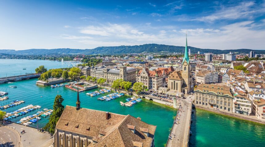 aerial view of zurich with river limmat, switzerland