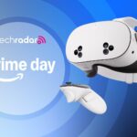 Meta Quest 3S VR headset on a blue background with &quot;Prime Day&quot; text in white.