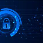 A digital padlock on a blue digital background.