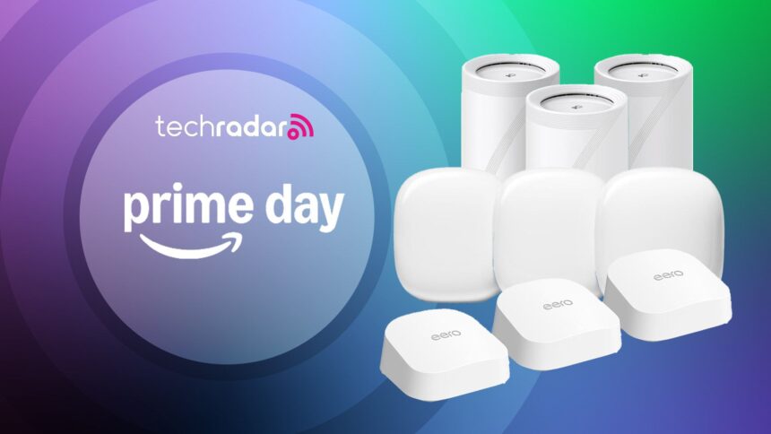 3 mesh Wi-Fi systems on a purple, blue and green gradient background with the TechRadar logo and &quot;Prime Day&quot; text