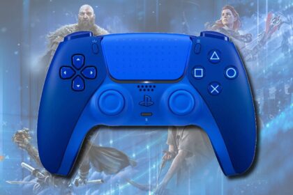 Icon Blue Special Edition DualSense on a PlayStation character background