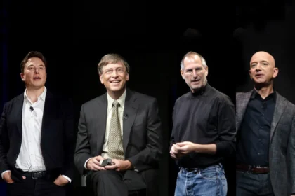 A group of tech billionaires posing against a black background, looking serious and contemplative.