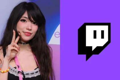 Split image showing Twitch streamer Emiru on one side and the Twitch logo on the other, symbolizing her connection to the platform and the controversy surrounding TwitchCon.