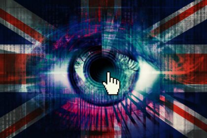 Composite image of digital eye and British flag