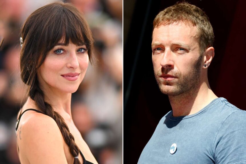 Dakota Johnson and Chris Martin in a split image following their split, showing Dakota in a red dress and Chris in a casual outfit.