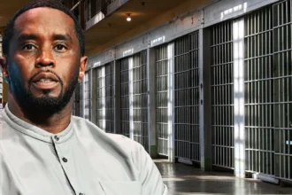Sean “Diddy” Combs standing solemnly in front of prison cells at FCI Fort Dix, reflecting his fall from fame to incarceration.