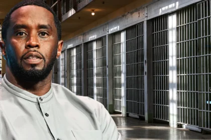 Sean “Diddy” Combs standing solemnly in front of prison cells at FCI Fort Dix, reflecting his fall from fame to incarceration.