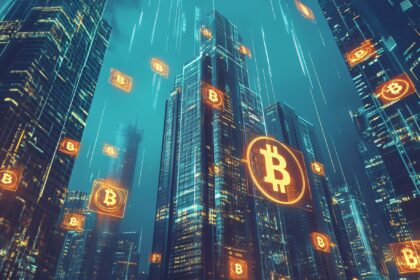 bitcoin cryptocurrency symbol on skyscrapers background. cryptocurrency concept.