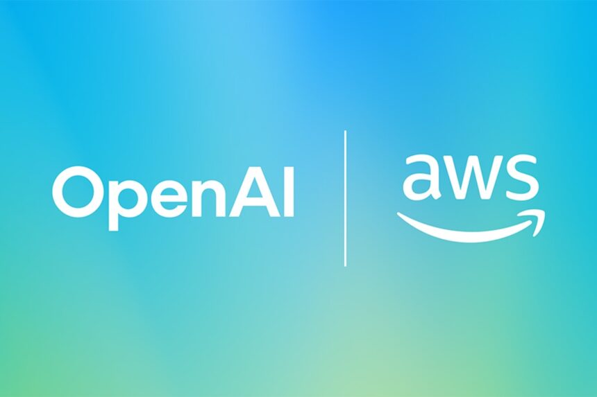 OpenAI and Amazon Web Services (AWS) logos side by side on a light blue background representing their $38B cloud computing partnership.