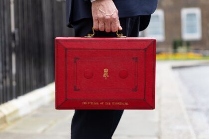 Classic red Budget box used by the UK Chancellor to carry the annual Budget speech and financial documents.