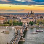Budapest Hungary, city skyline sunset at Danube River with Chain Bridge and St. Stephen's Basilica