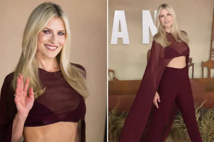 Split-screen image showing Ali Larter on the red carpet at the Landman Season 2 London premiere. On the left, she poses in a sheer burgundy cape and bralette; on the right, a closer view highlights the detailing of the outfit and her confident red-carpet stance.