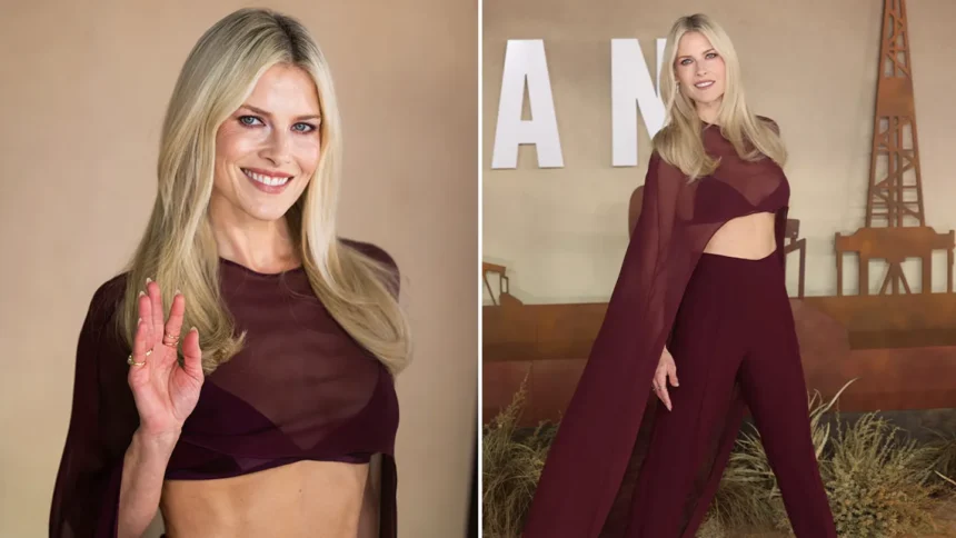 Split-screen image showing Ali Larter on the red carpet at the Landman Season 2 London premiere. On the left, she poses in a sheer burgundy cape and bralette; on the right, a closer view highlights the detailing of the outfit and her confident red-carpet stance.