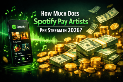 Spotify logo on a smartphone surrounded by floating dollar bills and coins, representing artist payouts and streaming revenue in 2026.
