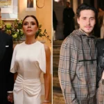 50/50 split image contrasting Beckham family dynamics: Left side shows Sir David and Lady Victoria Beckham beaming together at his November 2025 knighthood ceremony in formal attire; right side features Brooklyn Beckham and Nicola Peltz Beckham in casual poses, highlighting the reported rift.